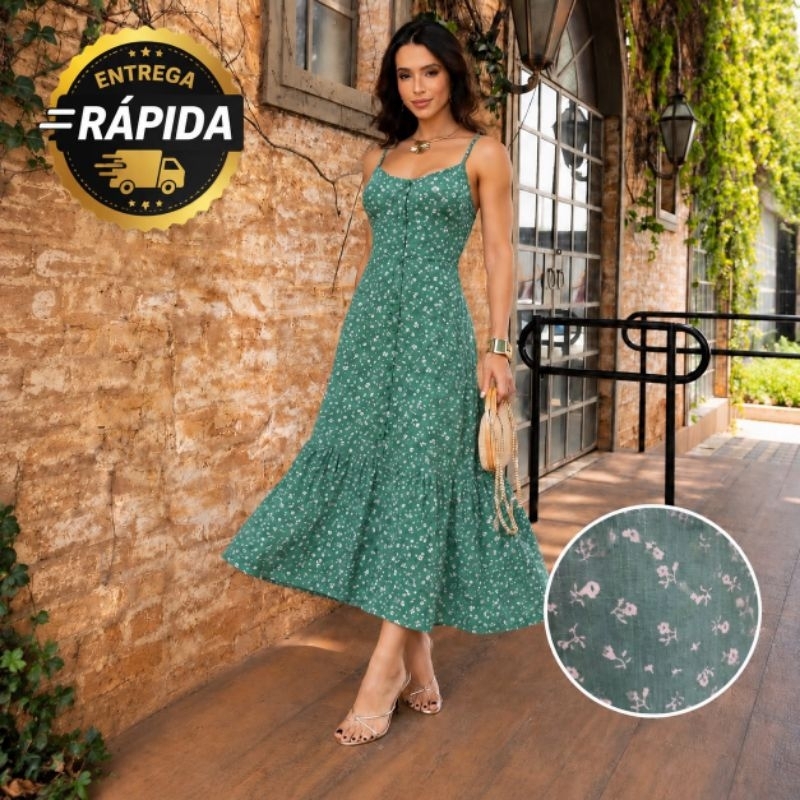 Vestido Midi Feminino Estampa Liberty Elegante Luxo Viscolinho Confortável Forrado Bojo Alça Regulável Botões Funcionais