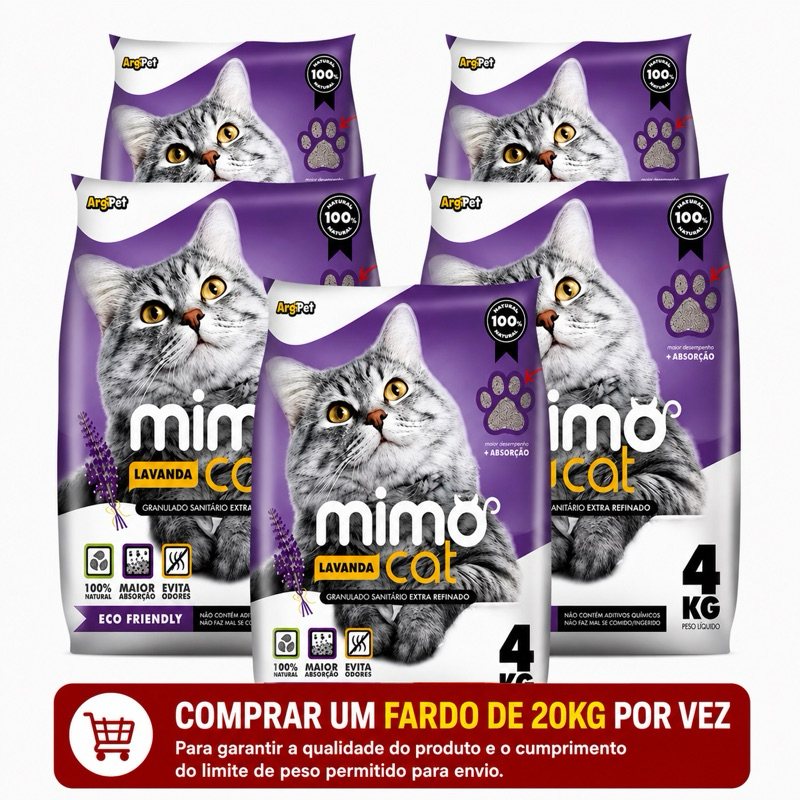 Areia Higiênica Biodegradável de Lavanda para Gatos Mimo Cat 20 kg Alta Absorção Grãos Finos Argipet
