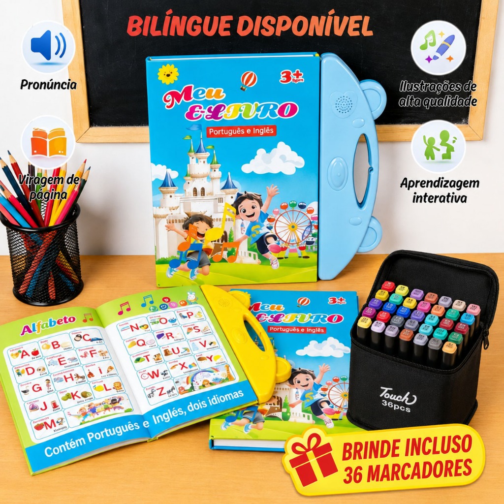 Livro Interativo com Som Bilingue Português/Inglês Multitemas - Toque com Som, Brinquedo Educativo e Presente Infantil