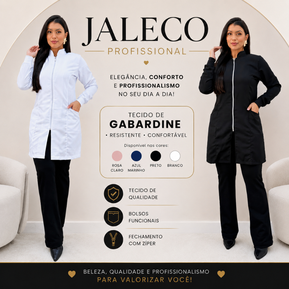 Jaleco Feminino Acinturado Gabardine Manga Longa Com Zíper Gola Padre Estética Enfermagem Várias Cores