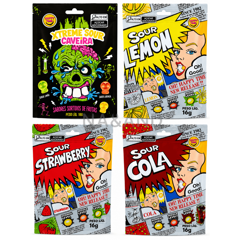 KIT 4 Balas Azedas ácidas Sour Caveira Lemon Limão Cola e Strawberry morango doce Happy Time