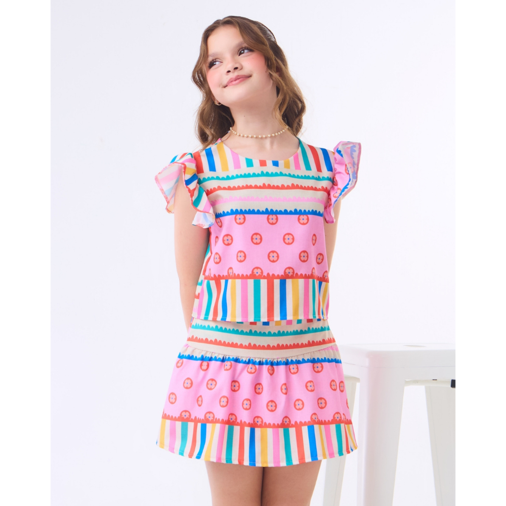 Detalhes do Combinadinho Isabela Estampado Infantil Juvenil Roupa Menina tam6 8 10 12 14 16 fresco e leve