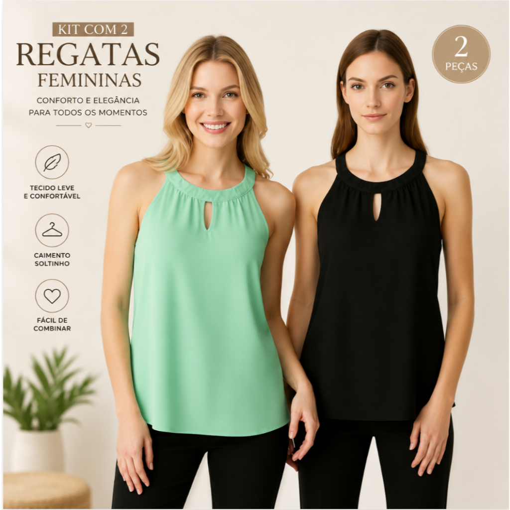 Kit com 2 Blusas Regatas Feminina Social Tecido Crepinho verão detalhe na gola