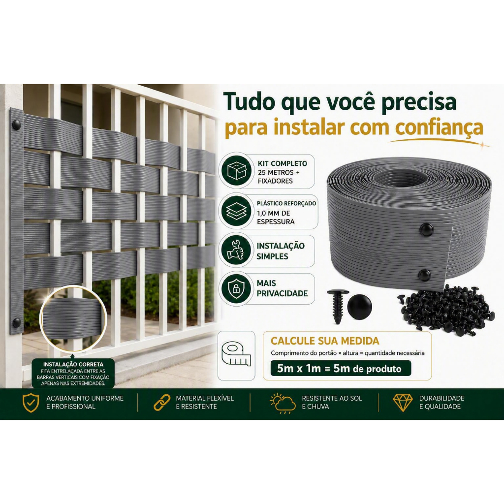 Protetor Fechamento Portão Grade Cinza 25 mts + 30 Grampos de Fixação