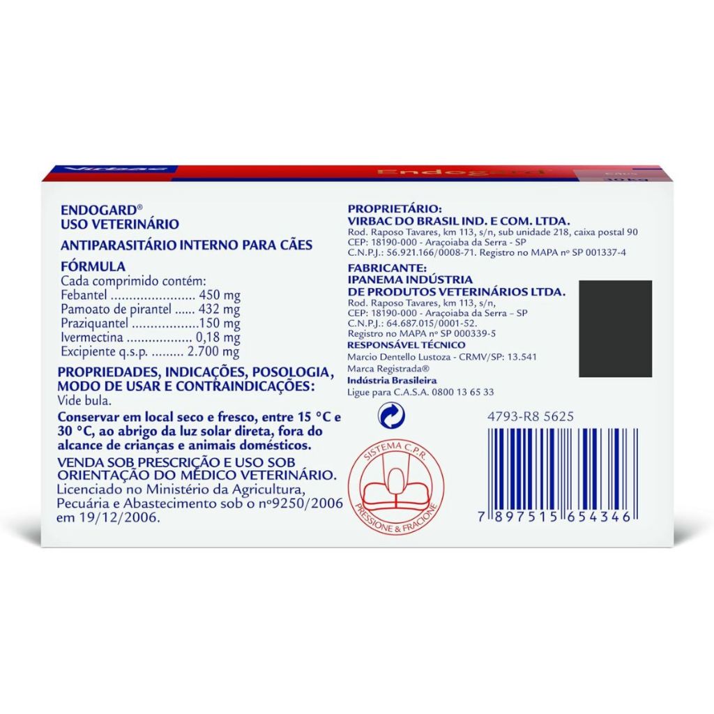 Vermifugo Endogard Cão 30 Kg Cx Lacrada 2 Comprimidos Virbac