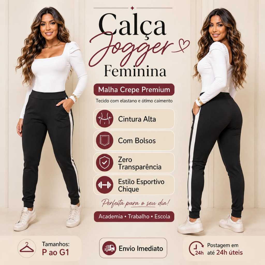 Calça Feminina Jogger Listrada Crepe slim Fit Academia Casual com Punho do P ao G1 Calça Plus Size
