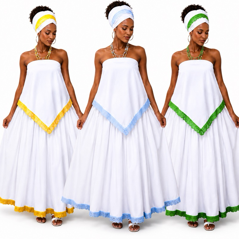 Conjunto 3 Peças Umbanda Candomblé - Saia tradicional com bordado colorido