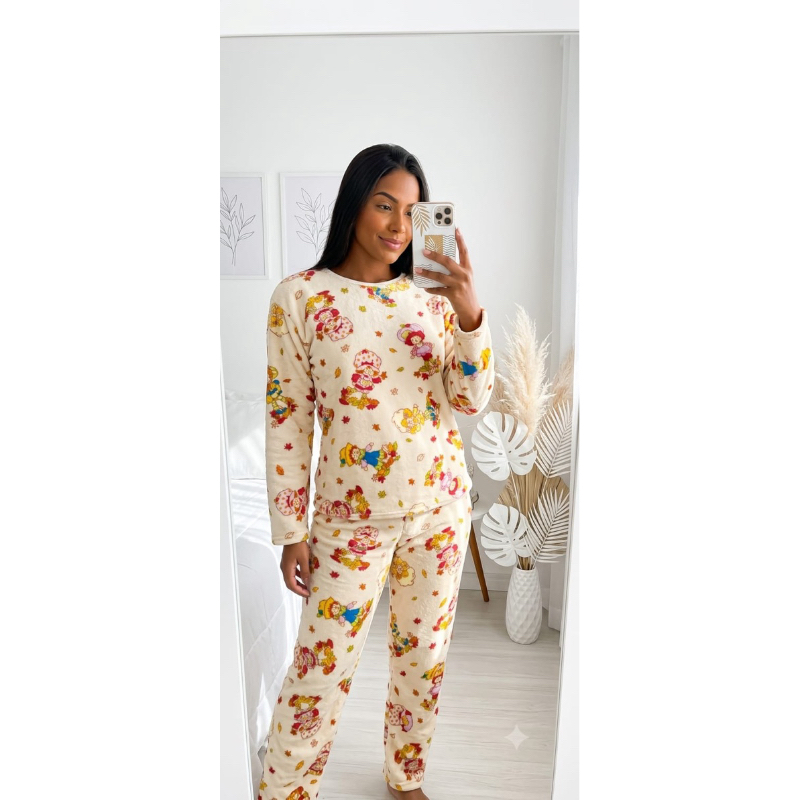 Pijama Feminino Soft Inverno Quentinho Manga Longa Calça Conjunto Peluciado Confortável Macio