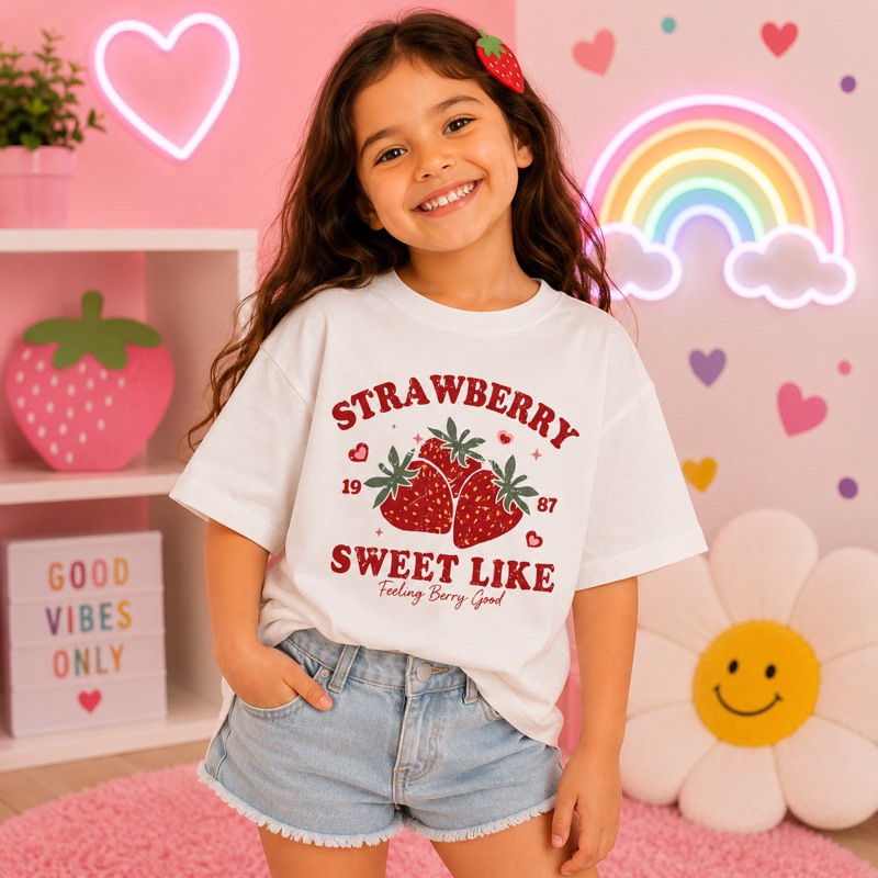 miseta Infantil Feminina Morango Strawberry Sweet Like 100% Algodão Moda Blogueirinha Confortável 2 ao 16