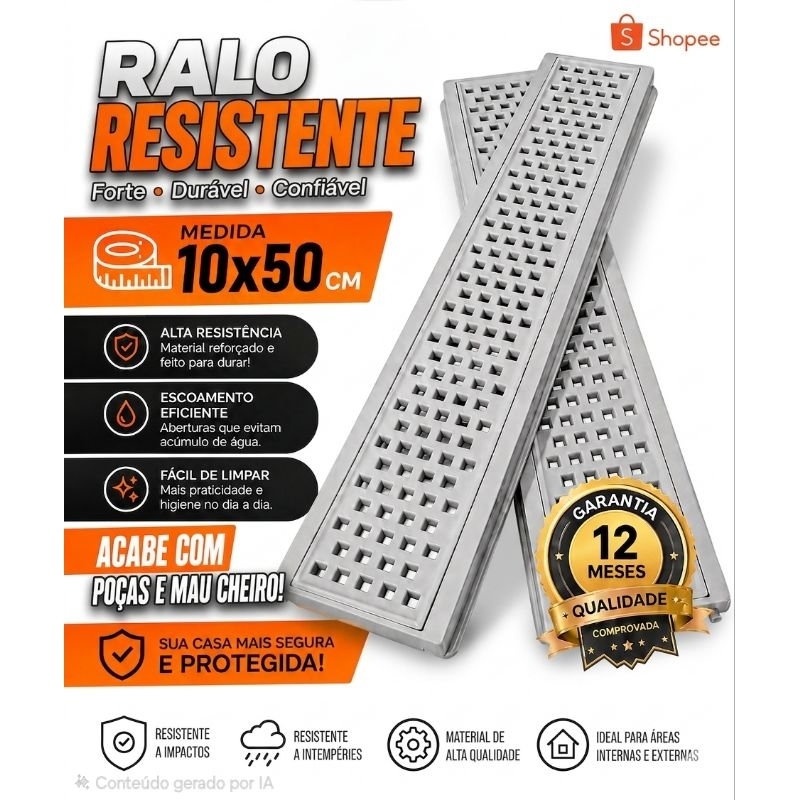 Ralo Linear Resistente 10x50cm Grelha com Suporte (1 peça 10x50cm)