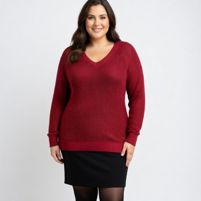 Blusa Tricô Feminina Vermelha Brilho Leve Manga Longa Decote V Inverno Elegante Confortável