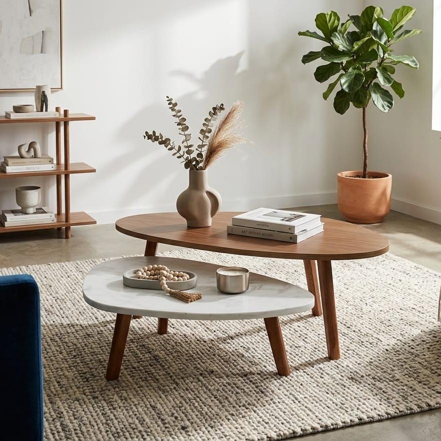 KIT Mesa de Centro Orgânica Em MDF Madeirado e Marmorizado Com Pés Madeira Palito