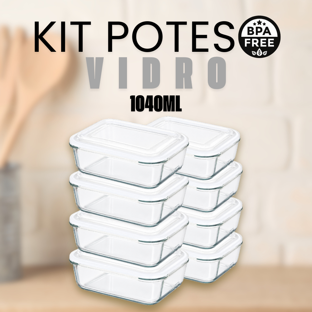 Kit 2/4/6/10 Potes Vidro Hermético 1040ml Retangular 4 Travas Transparente Premium