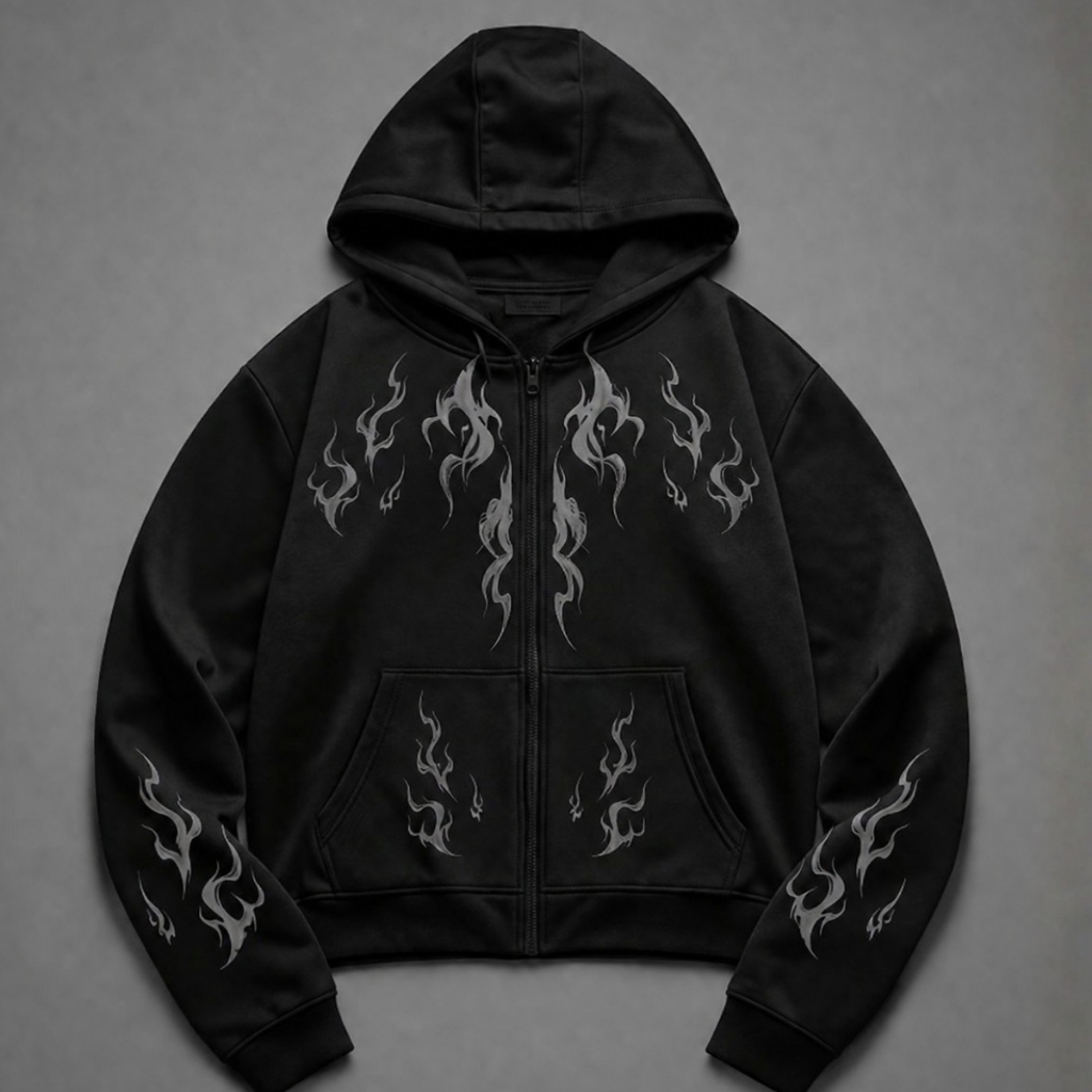 Casaco Moletom  Zíper Chamas Cyberpunk Grunge Y2K Streetwear Masculino Feminino