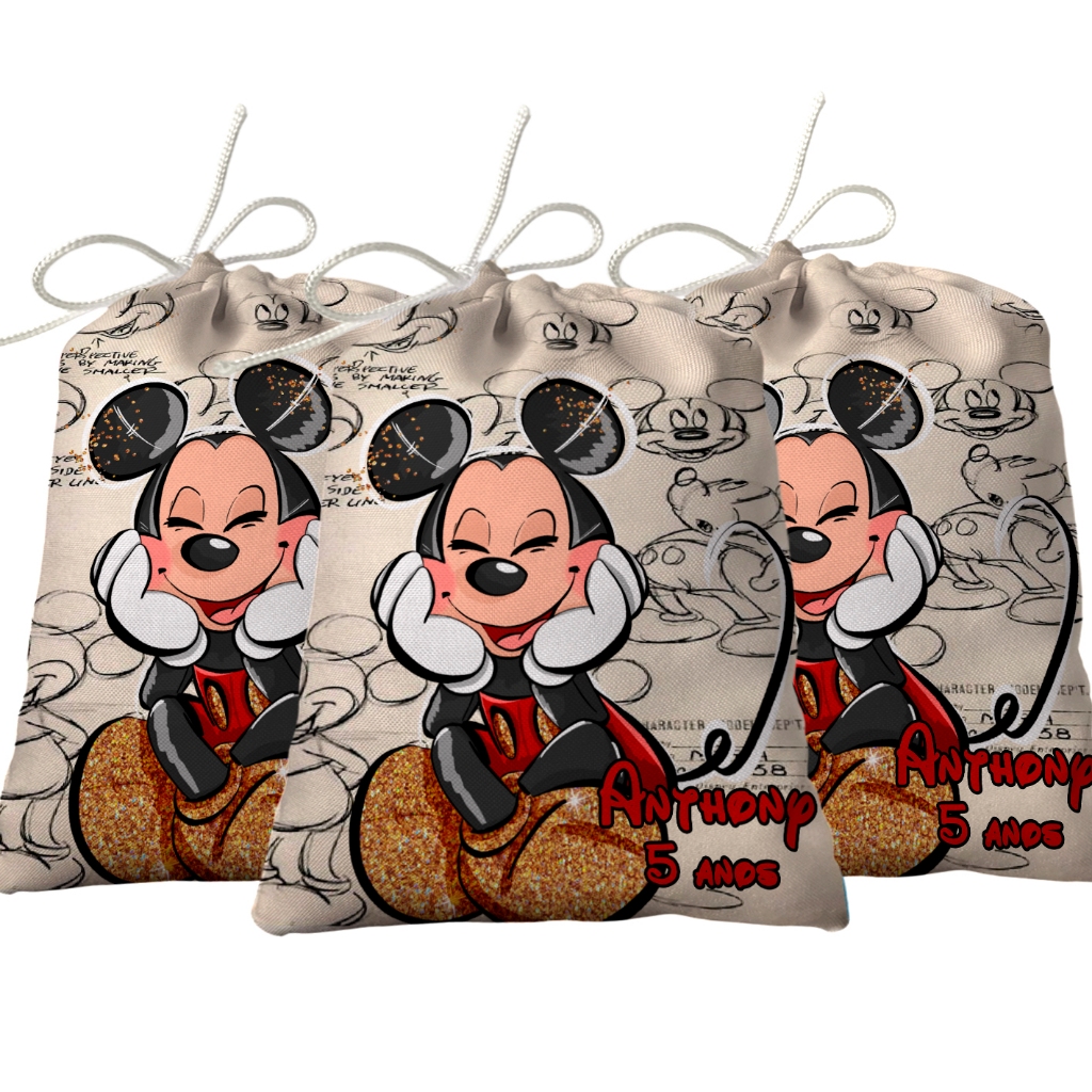 Sacolinha Lembrancinha Festa Aniversário Surpresa Tecido Personalizado Mickey Bege