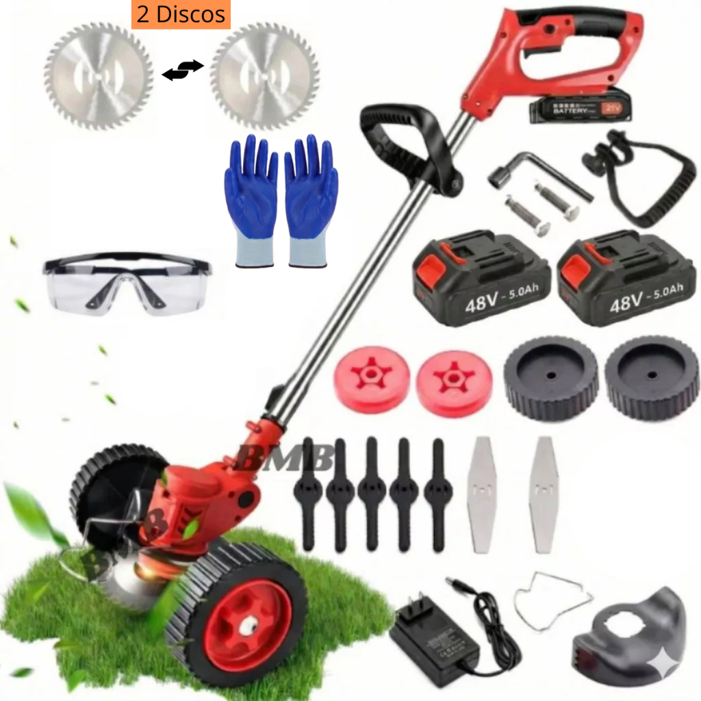 Roçadeira Aparador Cortador De Grama Elétrico Recarregável Com Rodas 2 Baterias de Lítio KIT COMPLETO
