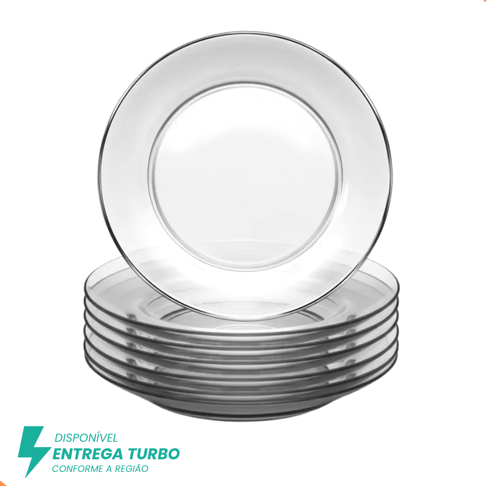 Kit com 12 Pratos Fundos de Vidro 22cm – Design Liso, Moderno – Resistente, Refeições Diária