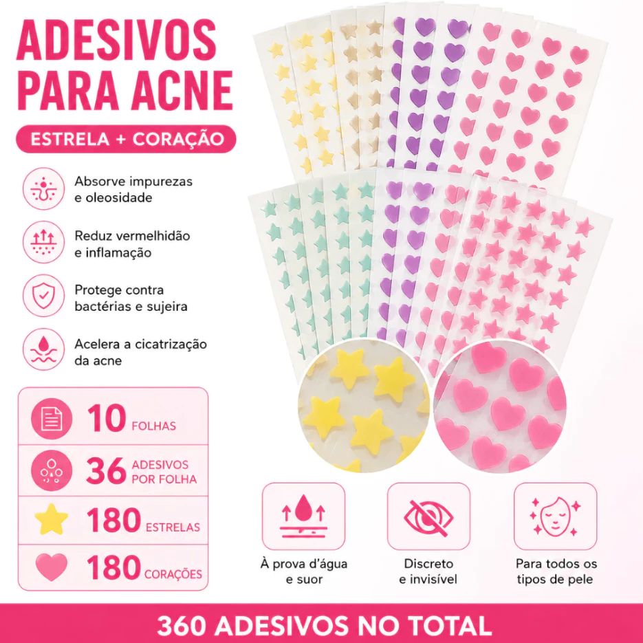 KIT 360 Adesivos Hidrocoloides para Acne com Base de Água, Estrela e Coração, Patch para Espinhas com Óleo de Melaleuca — imagem 1
