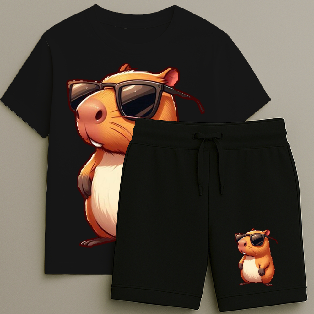 Camiseta e Bermuda Capivara de Óculos Conjunto Masculino T-shirt Estampada Shorts Blusa Tamanho 2 16