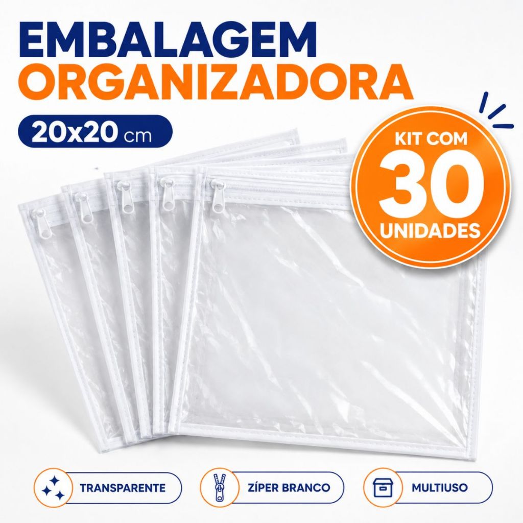 Kit 30 Saquinhos Organizadores 20x20 Transparente Com Zíper Multiuso PVC Maternidade Viagem Joia