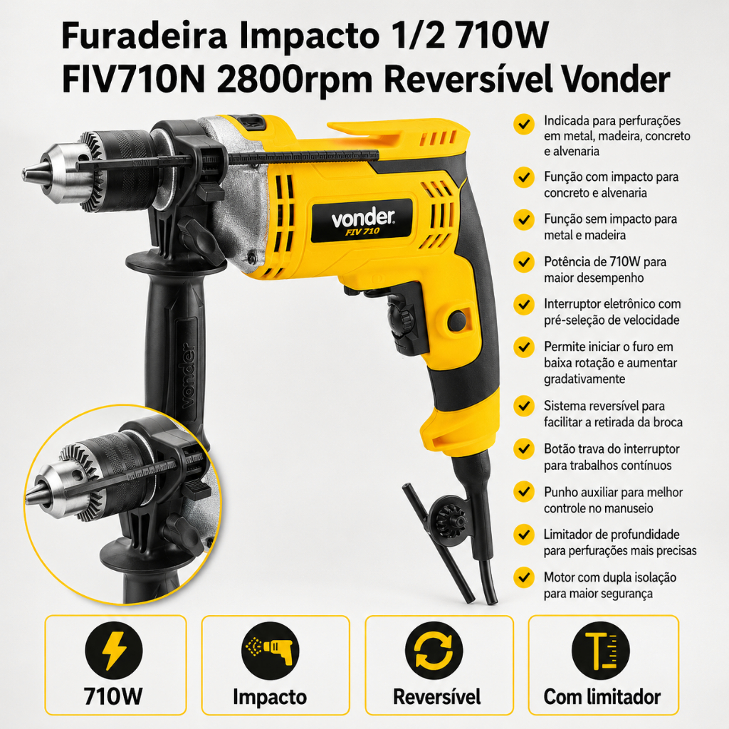 Furadeira Impacto 1/2 710W FIV710N 2800rpm Reversível Vonder