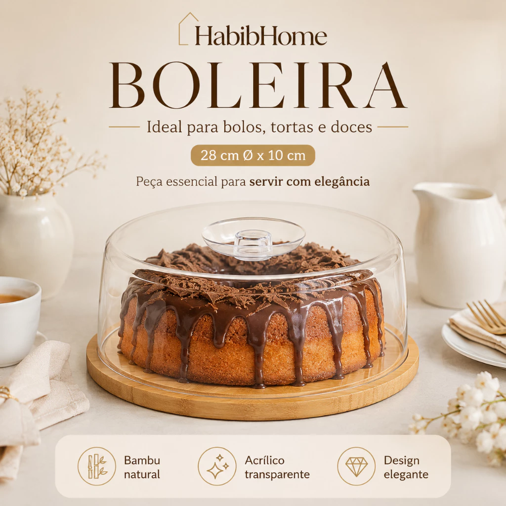 Boleira com Tampa Acrílica e Base de Bambu para Mesa Posta Cozinha Servir Decorar e Organizar — imagem 1