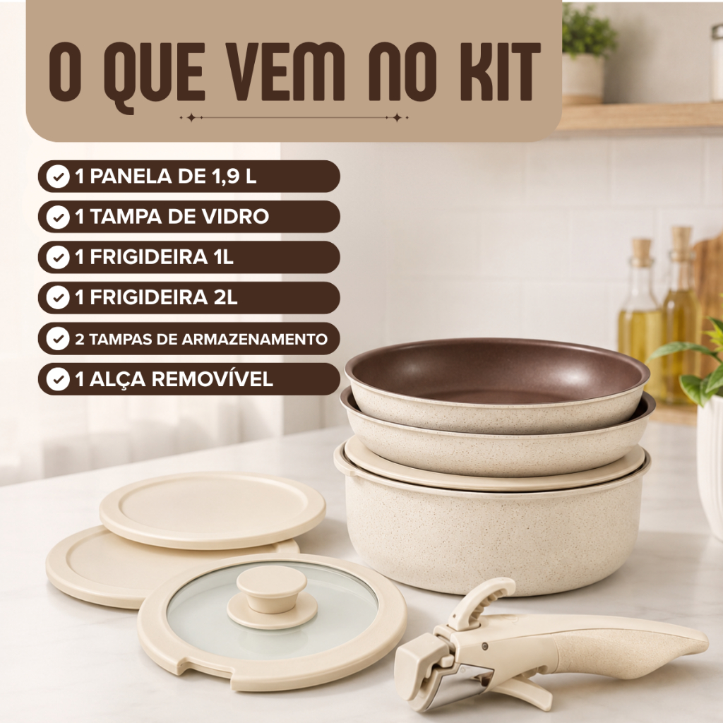 Jogo Panelas Kit 7 Peças Antiaderente Cerâmica Com Cabo Removível Conjunto Bege Envio Rápido — imagem 2 de 2