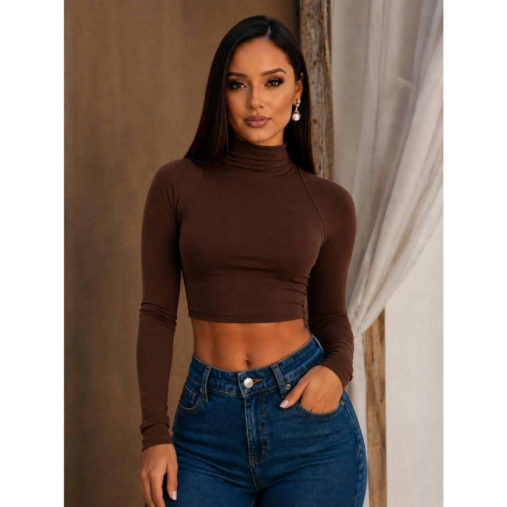 Cropped Feminino Gola Alta Canelado Manga Longa Moda blogueira Casual Ajustável Confortável