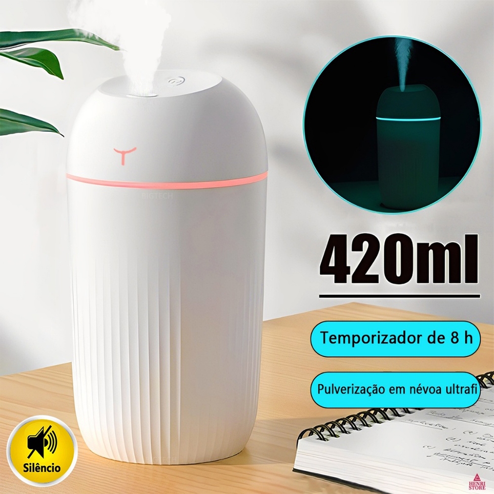 Umidificador De Ar E Difusor Aromatizador Grande De Ambiente 420 ML Purificador De Ar Portátil