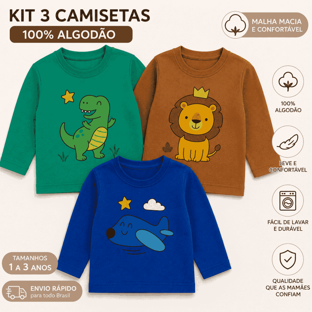 Kit 3 Camisetas Sonho & Baby Manga Longa Estampada 100% Algodão Menino e Menina