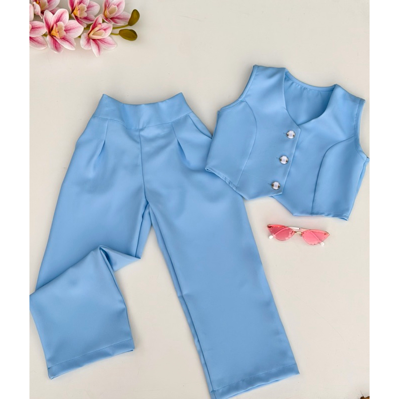 Conjunto Alfaiataria Pantalona 4 ao 12 Anos Luxo Infantil E Juvenil Menina Colete e Calça Pantalona Moda Blogueirinha