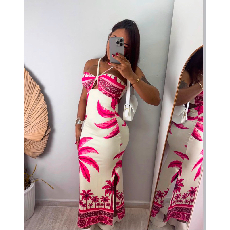 Vestido Longo Feminino Estampado Tropical com Fenda