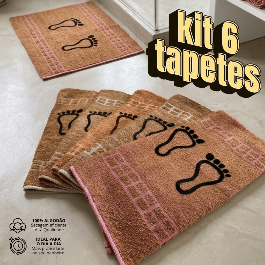 Kit 6 Tapete Piso Premium Para Banheiro Pezinho Atoalhado Saída de Box 43x60cm 100% Algodão