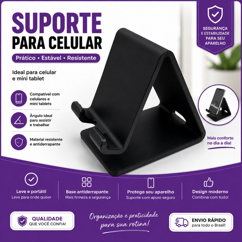 Suporte de Mesa para Celular e Tablet Universal Antiderrapante Compacto Resistente Preto