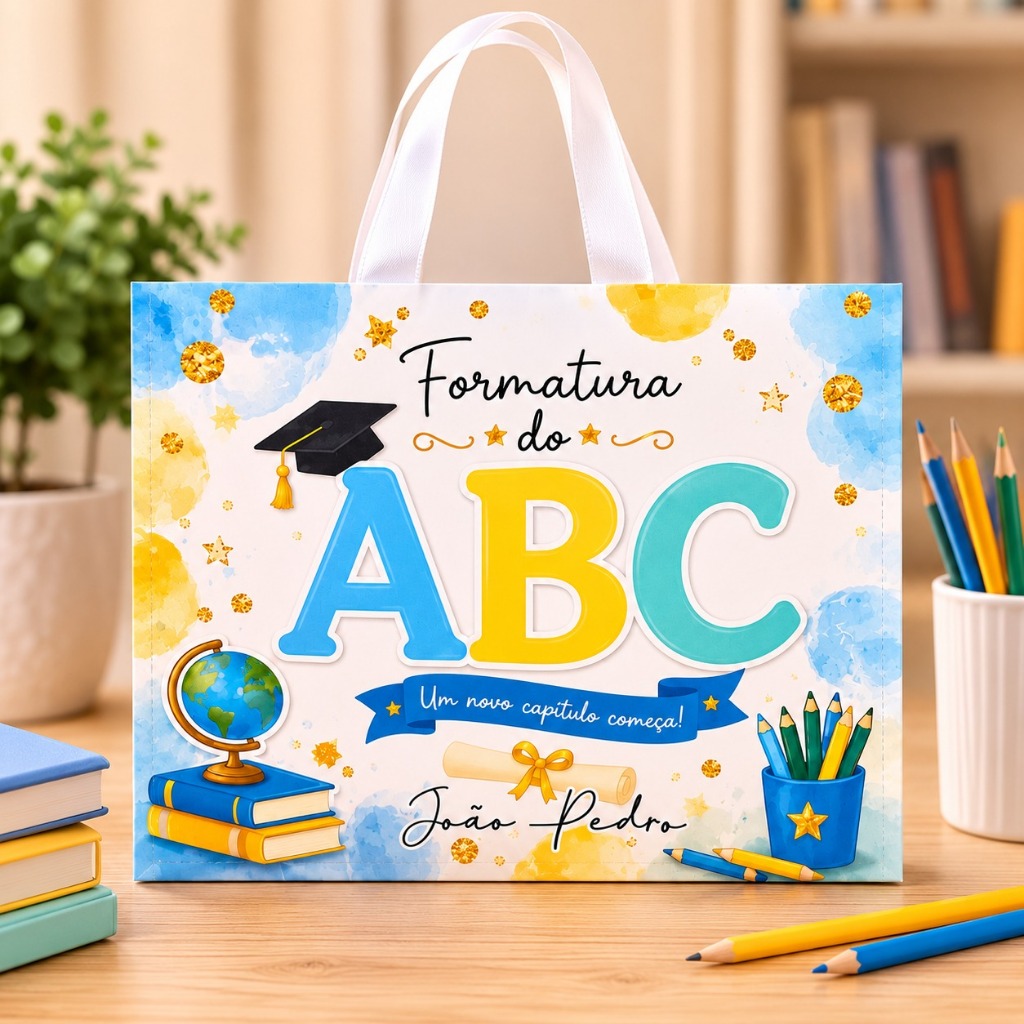 Sacola Formatura ABC Menino Pegue e Monte Personalizada | Lembrancinha Educação Infantil Pré-Escola e Alfabetização