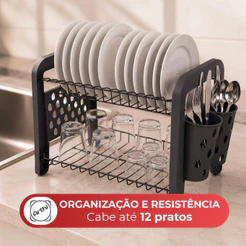 Escorredor Louça Secador Porta Talheres Não Enferruja 12 Pratos Escorredor de Pratos Chumbo Arthi