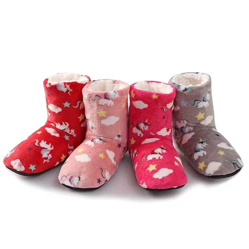 Botinha Pantufa Infantil Unicórnio Peluciada Cano Alto Quentinha Antiderrapante Confortável Inverno