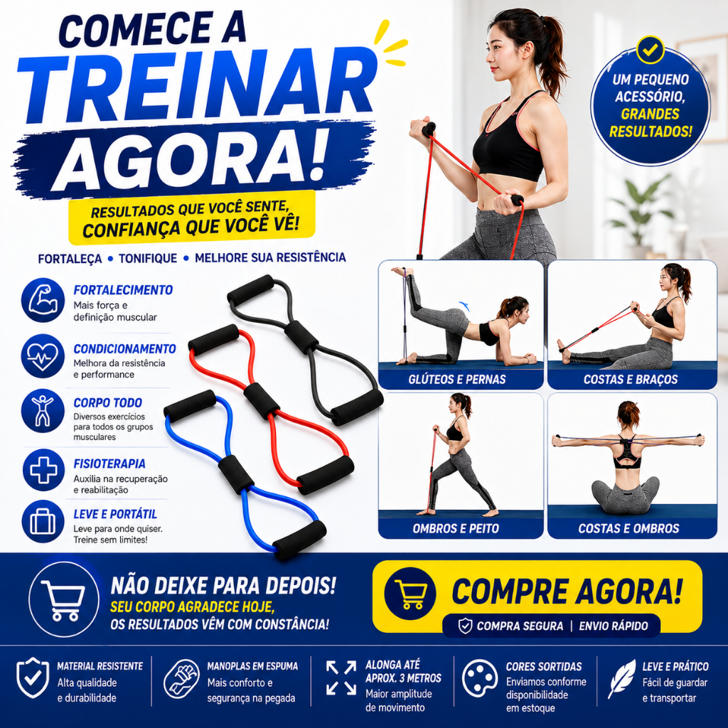 Elástico de Resistência para Exercícios Treino Funcional Musculação Fisioterapia com Pegadores Fitness