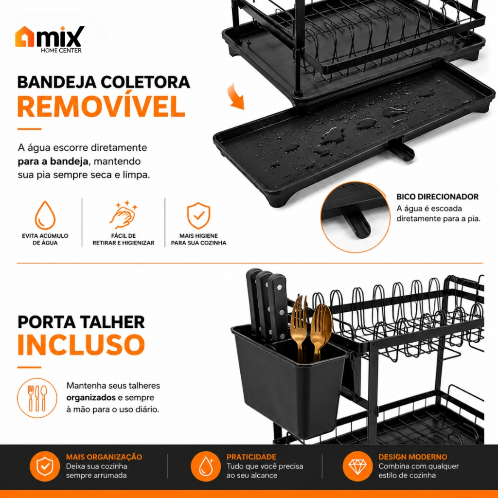 Escorredor de Louças 2 Andares Preto Bandeja Coletora Dreno 360° Porta Talheres Suporte Tábua · foto 2