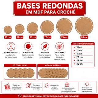 Base Redonda MDF Lisa 5 ou 10 Unidades para Crochê Fio de Malha Cestos e Artesanato