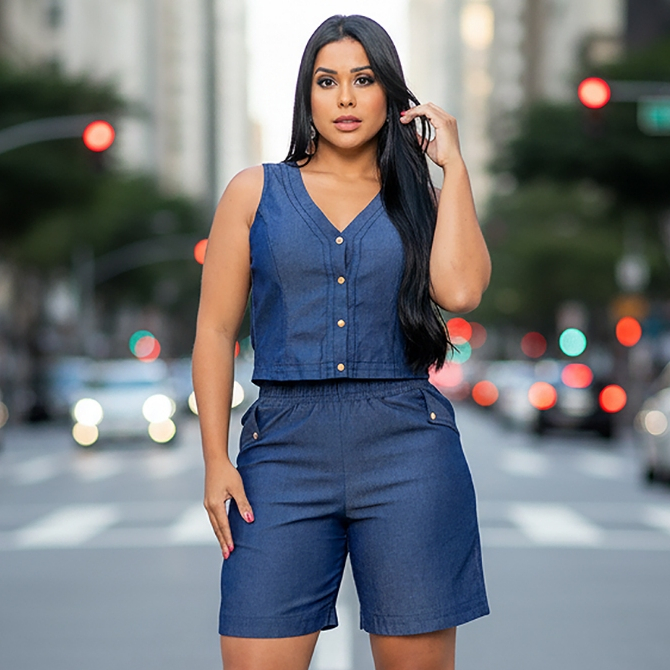 Conjunto Feminino Jeans Shorts E Colete Estilo Casual Verão