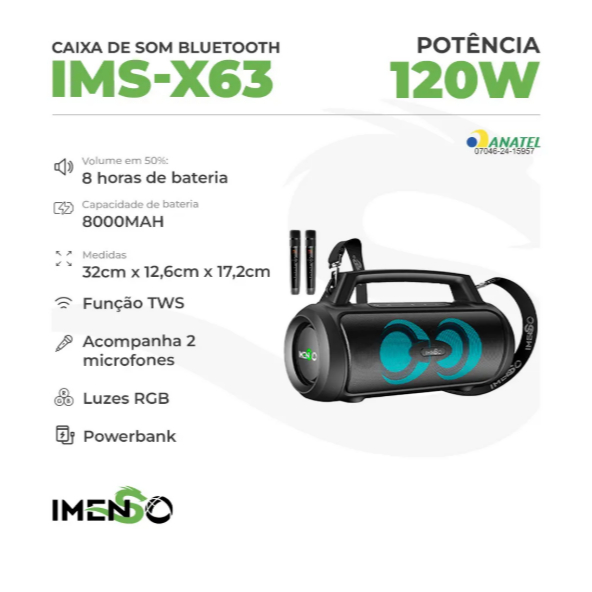 Curta um som potente de 120W onde quiser com a Imenso X63 – Bluetooth 5.3, IPX6 à prova d’água, iluminação RGB e karaokê