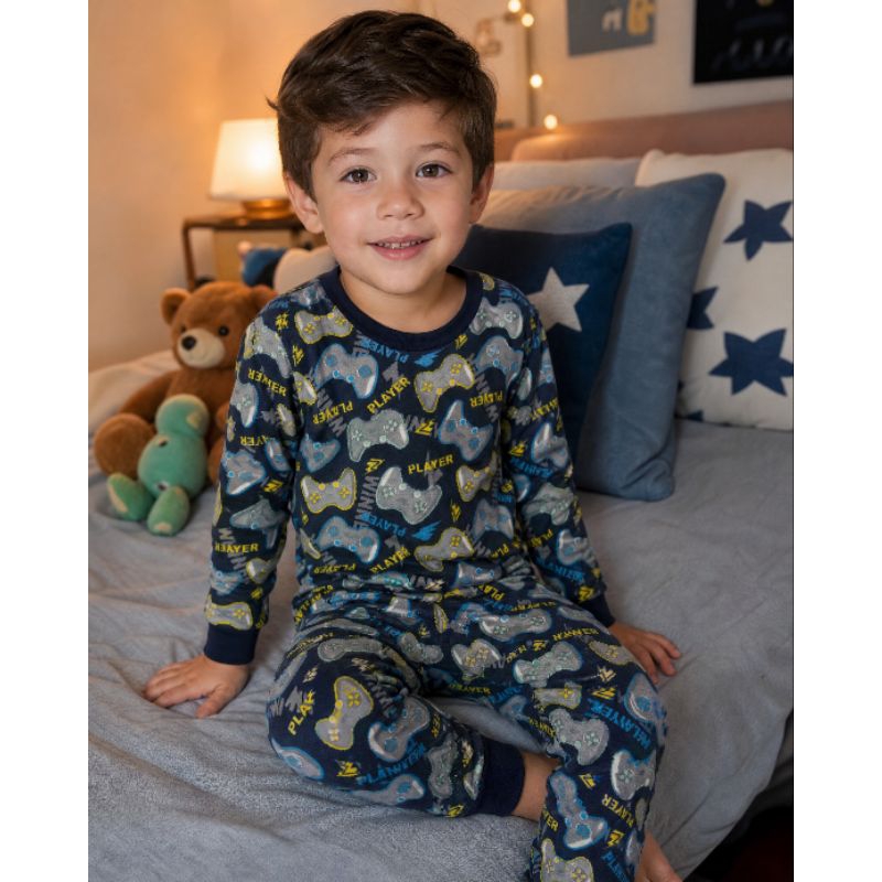 Pijama Infantil Masculino Manga Longa com Calça Estampado Gamer Controle Player Confortável