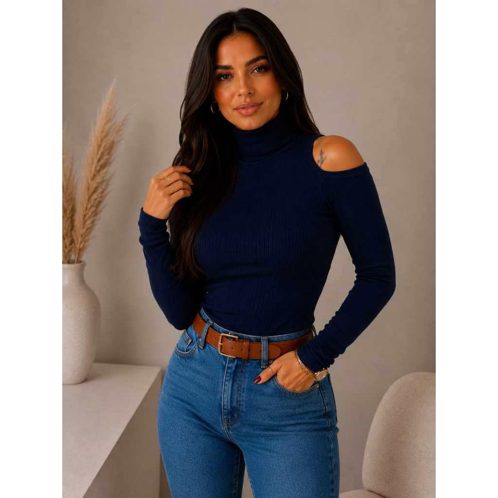Blusa Feminina Canelada Ombro Decote Manga Comprida Look Básico Casual Elegante Outono Inverno