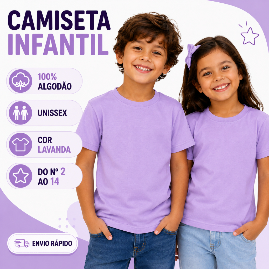 Camiseta Lavanda Unissex Infantil Juvenil T-Shirt Lilás Básica Lisa Oferta