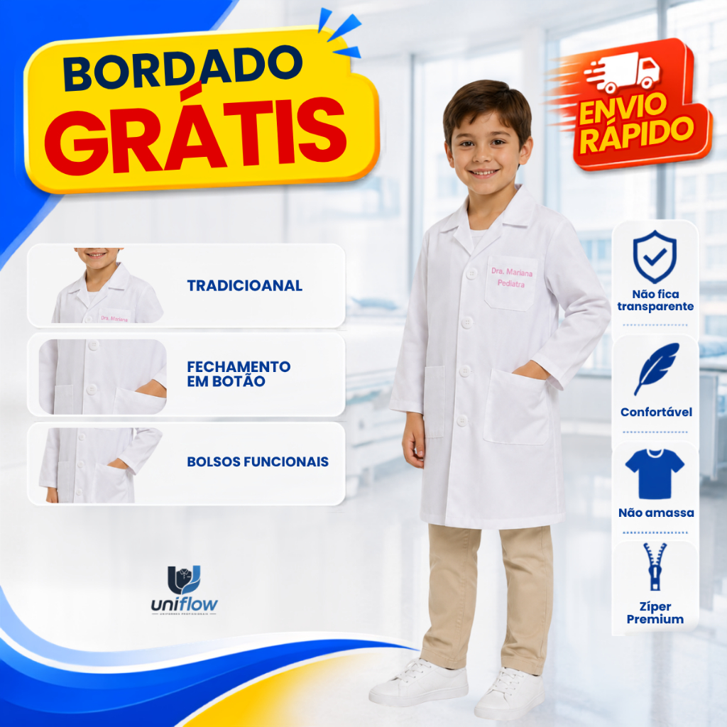 Jaleco Infantil Unissex - BORDADO GRÁTIS - Fantasia, Laboratório Escolar, Médico, Veterinário, Cientista