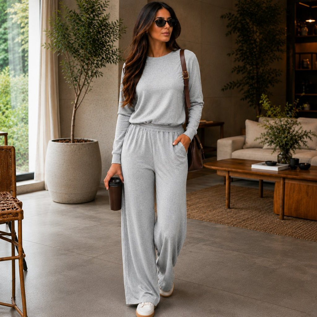 Conjunto Feminino Moletinho Lanzinha Inverno Manga Longa Bolso Calça Pantalona Casual Elegante Confortável