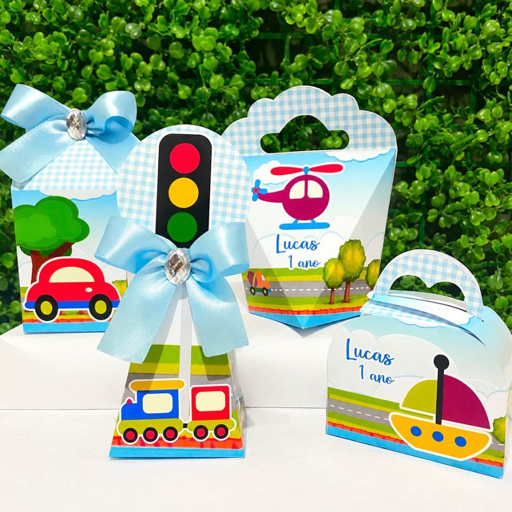 Kit Caixas Personalizadas MEIOS DE TRANSPORTE Lembrancinhas Festa Infantil Aniversário Desmontadas