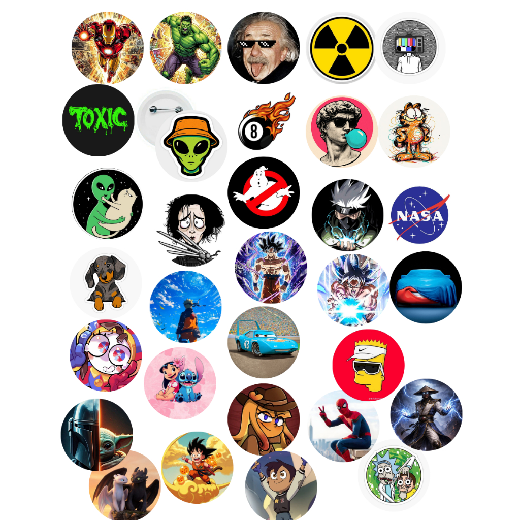 Kit 10 Bottons 32mm Pins Broches Anime Games Filmes Séries Desenhos Memes – Escolha os Modelos