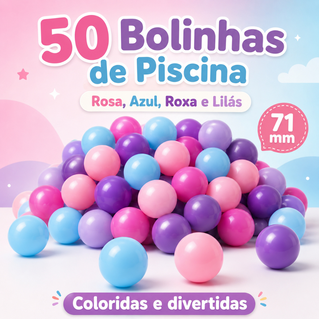 50 Bolinhas de Piscina Infantil Coloridas Rosa Azul Roxa Lilás Brinquedo Criança 71mm